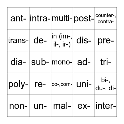 Prefixes 1 Bingo Card