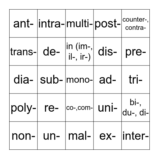 Prefixes 1 Bingo Card