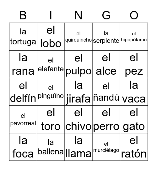 A-NI-MAL-FA-BE-TO Bingo Card
