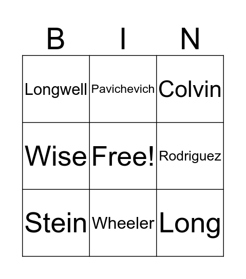 Last Name Bingo Card