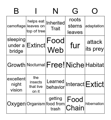 Adaptations and Traits Bingo Card