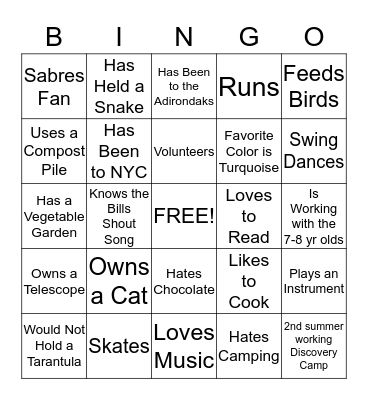Camp Counselor Bingo Card
