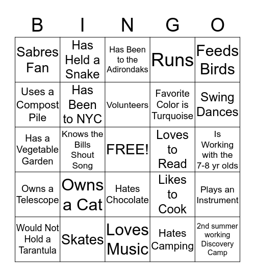 Camp Counselor Bingo Card