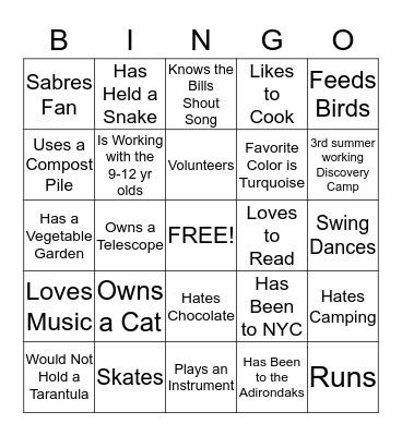 Camp Counselor Bingo Card