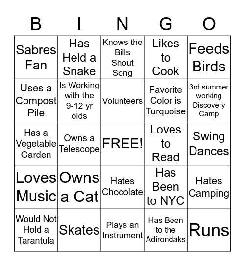 Camp Counselor Bingo Card
