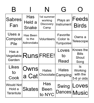 Camp Counselor Bingo Card