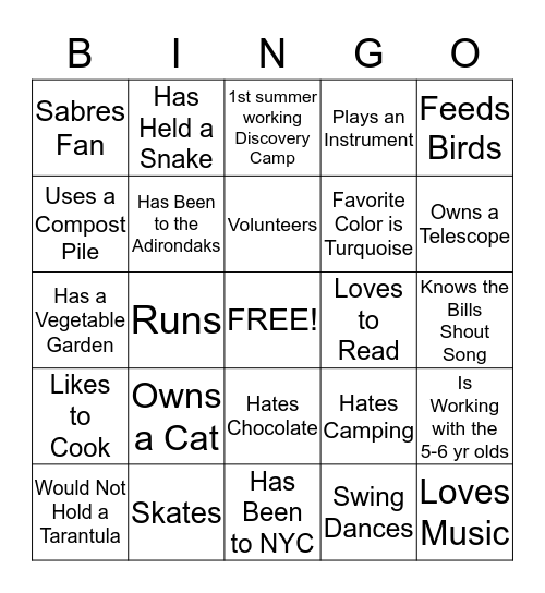Camp Counselor Bingo Card
