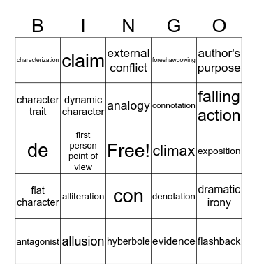 FSA Literary Terms Bingo Card