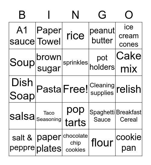 Pantry Shower Bingo Card