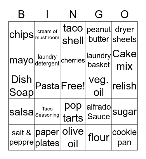 Pantry Shower Bingo Card