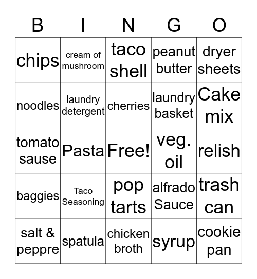 Pantry Shower Bingo Card