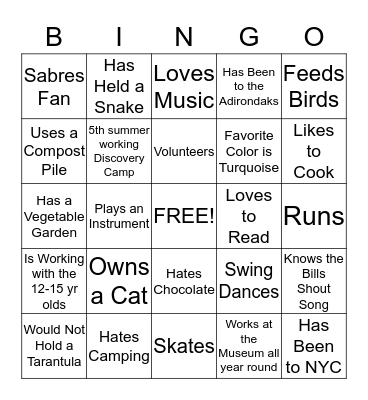 Camp Counselor Bingo Card