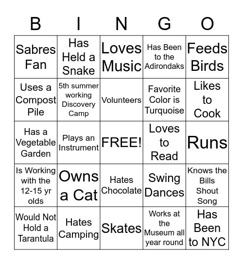 Camp Counselor Bingo Card
