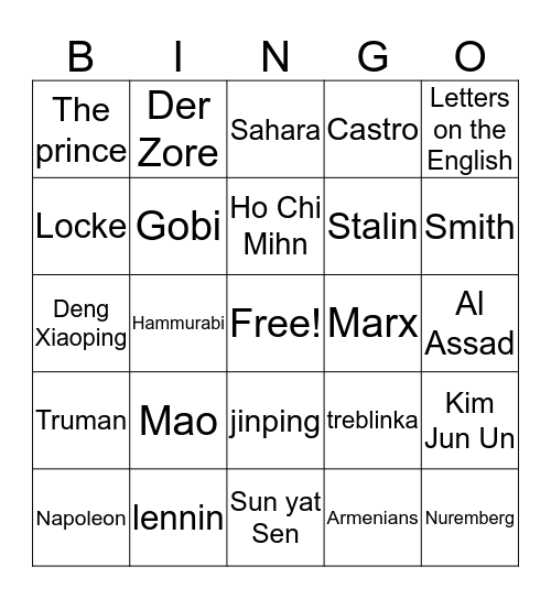 Leaders and Events Bingo Card