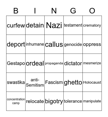 Holocaust Vocabulary Bingo Card