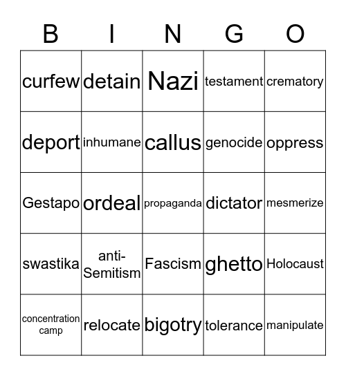 Holocaust Vocabulary Bingo Card