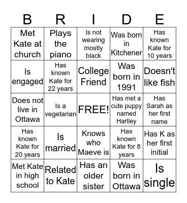 Kate's Bridal Bingo Card