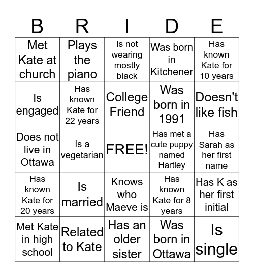 Kate's Bridal Bingo Card