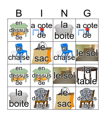 les objets et les prepositions Bingo Card