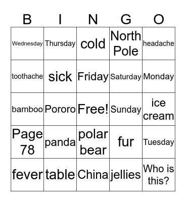Vocabular Review Bingo Card