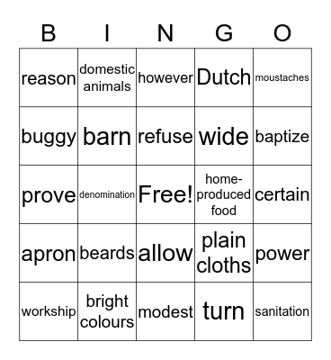 Amish Bingo Card