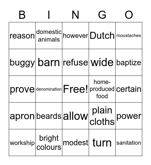 Amish Bingo Card