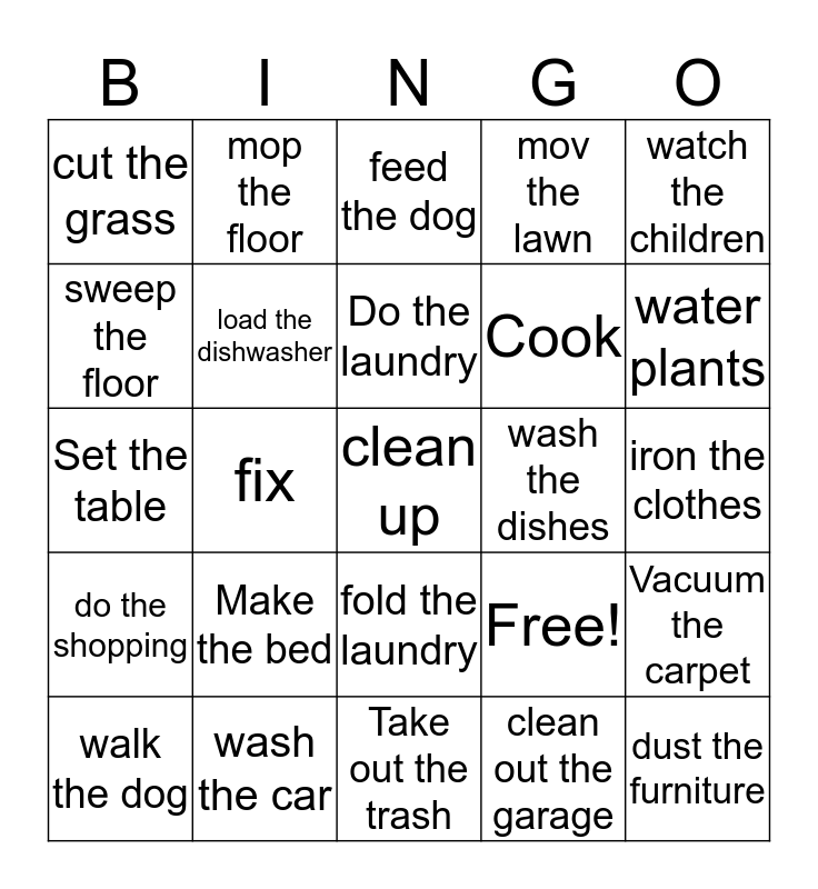 House Chores Bingo Bingo Card