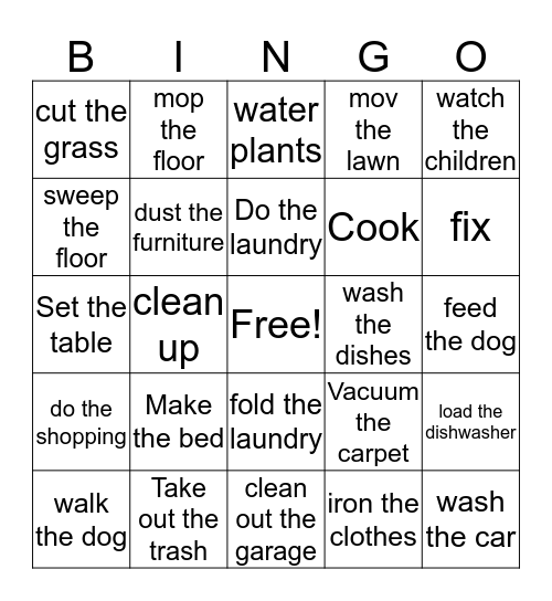 House Chores Bingo  Bingo Card