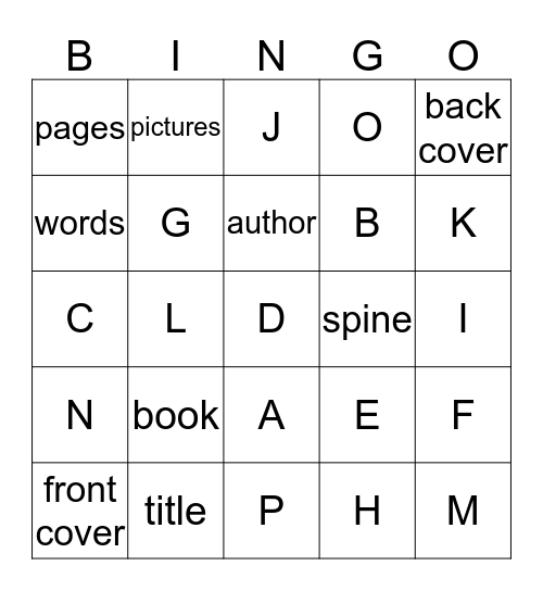 Parts of a book  Bingo Card