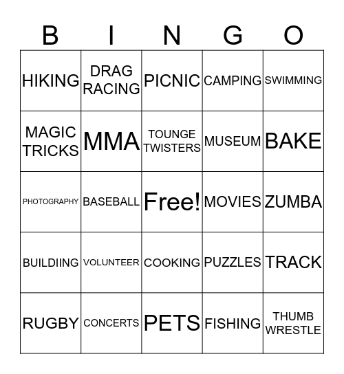 RECREATION BINGO  Bingo Card