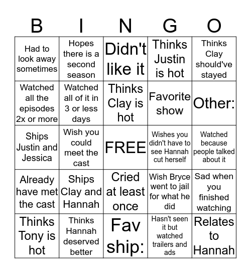 Thirteen Reasons Why Bingo Card