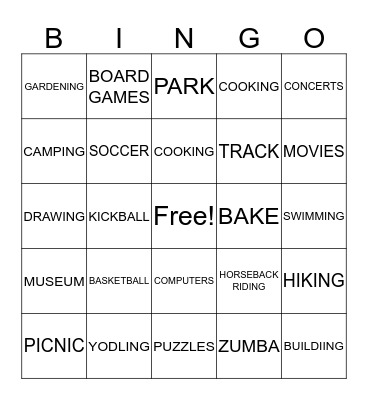 RECREATION BINGO  Bingo Card