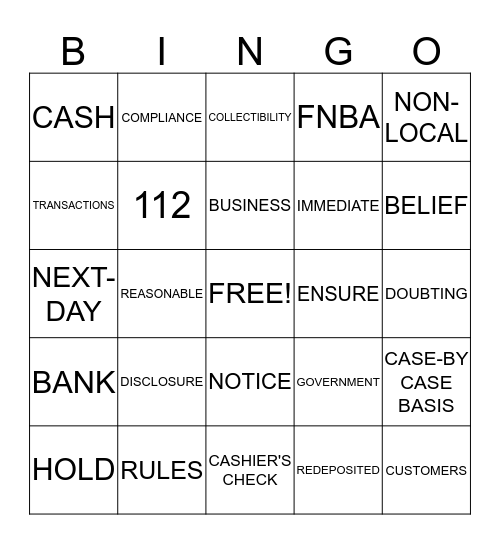 The Expedited Funds Availability Act Bingo Card