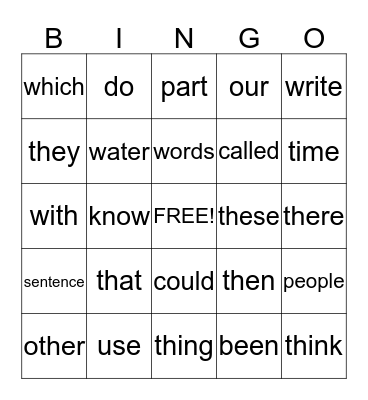 Sight Words Bingo Card