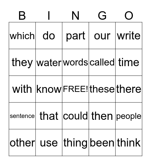 Sight Words Bingo Card