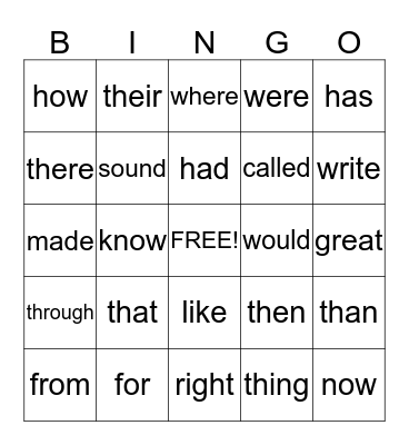 Sight Words Bingo Card