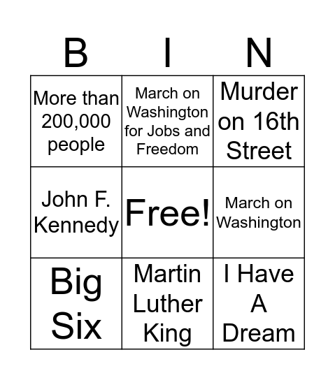 March On Washington Bingo Game  Bingo Card