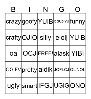 adjective Bingo Card