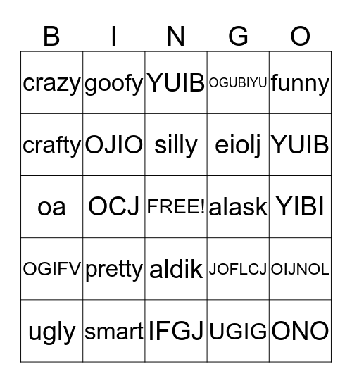 adjective Bingo Card