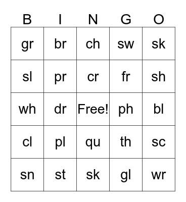 Blend And Diagraphs Bingo Card