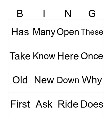Sight Words Bingo Card