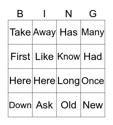 Sight Words Bingo Card