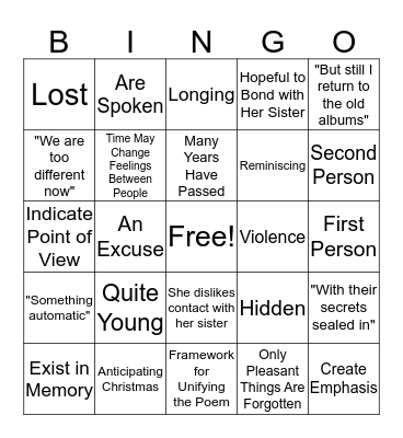 "Sister" Bingo Card