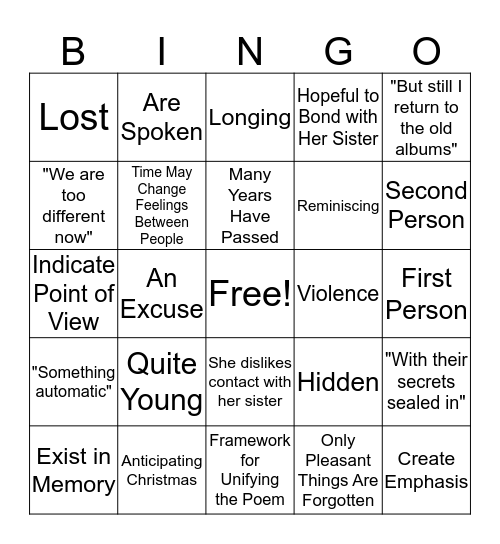 "Sister" Bingo Card