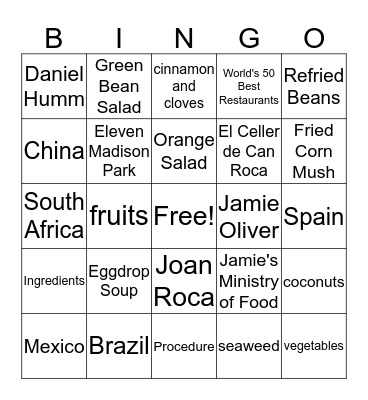 Game Of Food Bingo Card