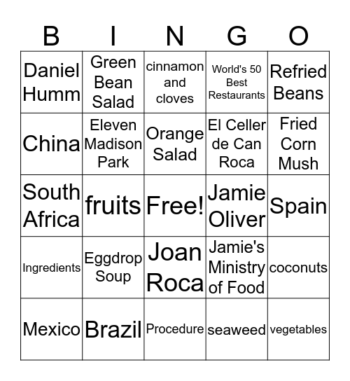 Game Of Food Bingo Card