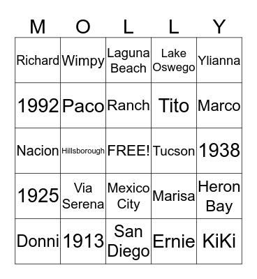 100 Birthday Celebration MOLLY Bingo Card