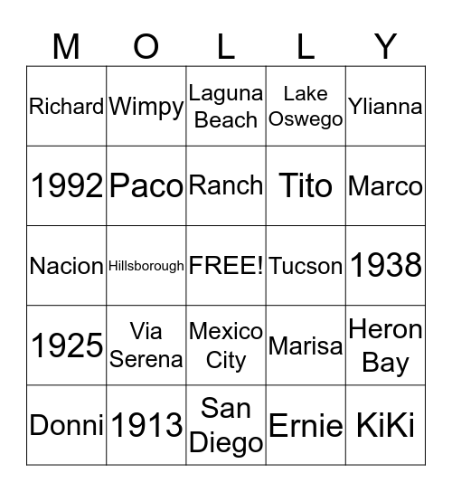 100 Birthday Celebration MOLLY Bingo Card