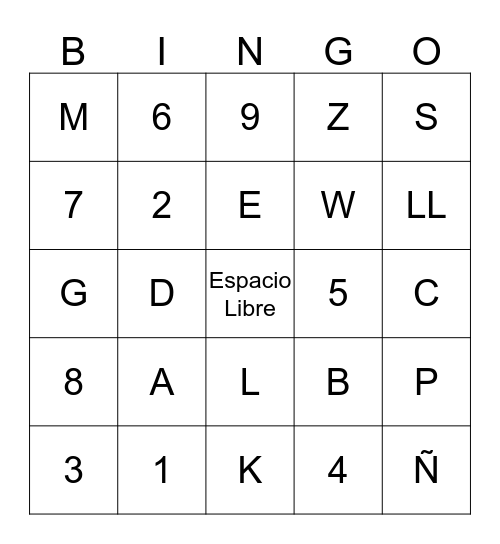 Spanish BINGO Card