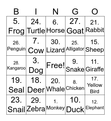Animal Bingo Card